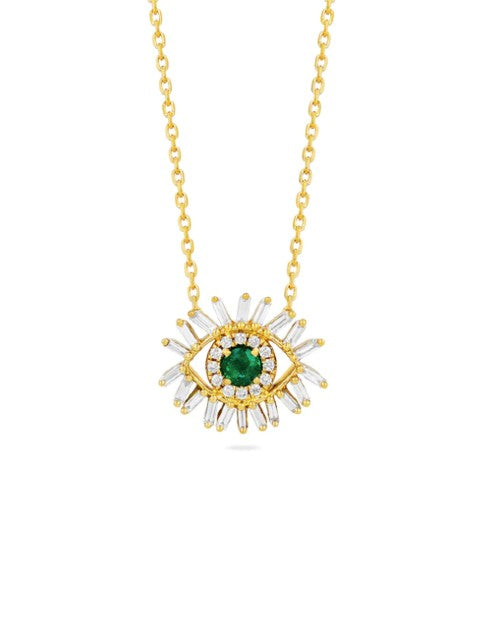 Gold necklace with diamond, gold, and emerald eye pendant. 