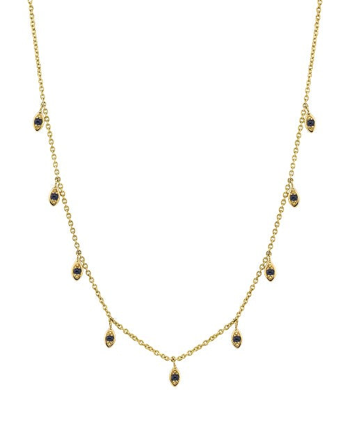Gold chain necklace with gold and sapphire fringe design.