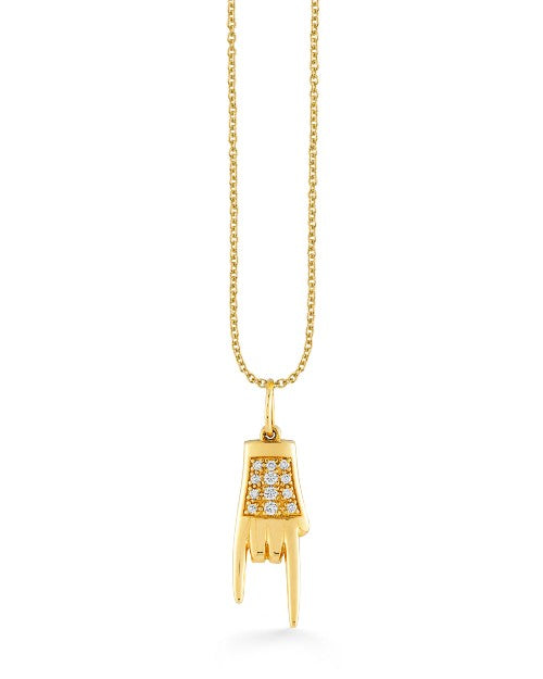 Gold necklace with gold and diamond finger horns hand charm. 
