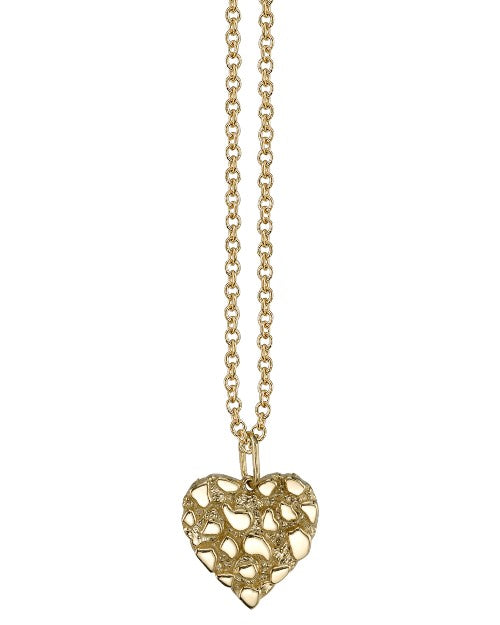 Gold chain necklace with golden nugget heart charm.