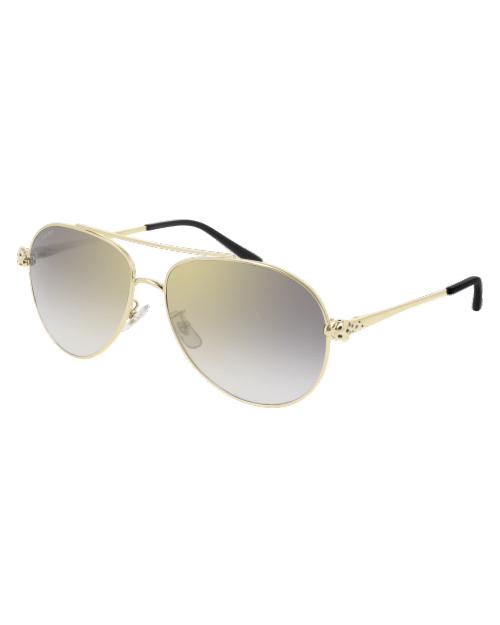 Gold and grey Cartier unisex sunglasses in front of white background. 