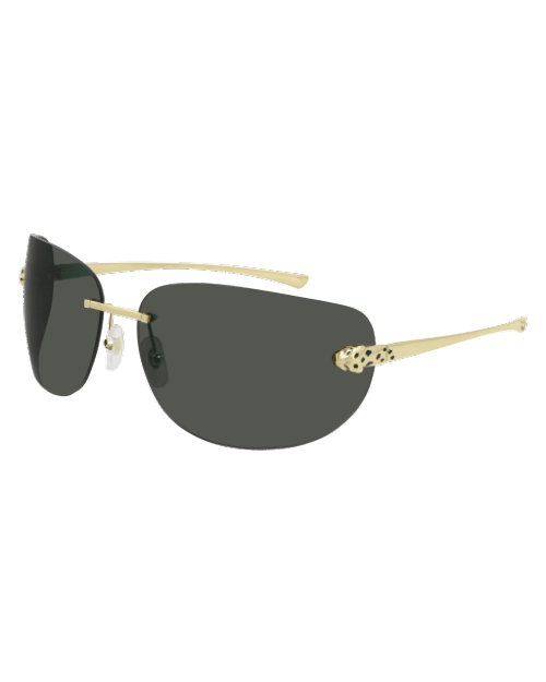 Black and gold Cartier unisex sunglasses in front of white background. 