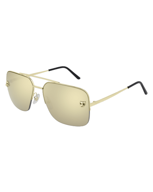 Gold and black Cartier unisex sunglasses in front of white background.