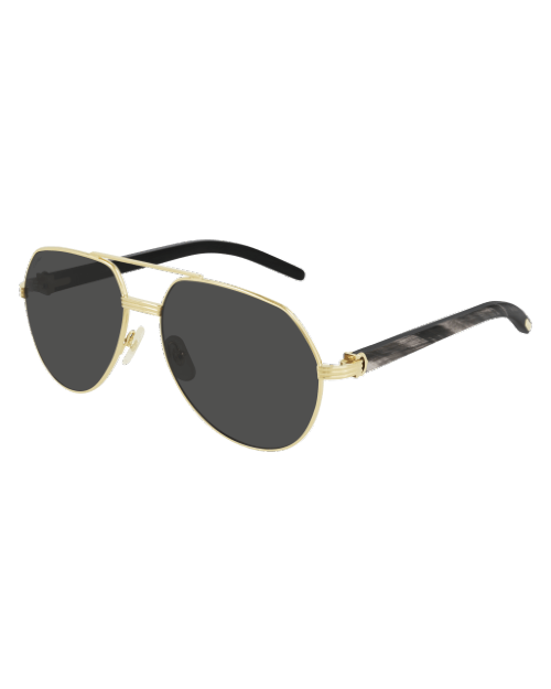 Black and gold Cartier men's sunglasses in front of white background.