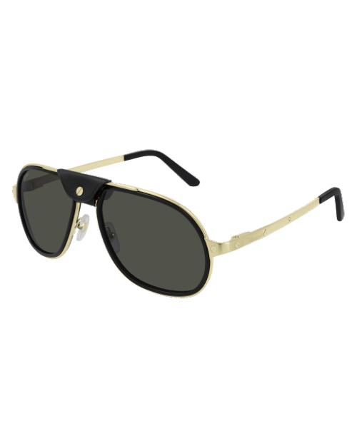 Gold and black Cartier men's sunglasses in front of white background.