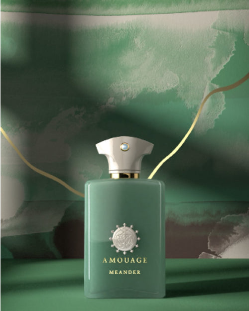 Jade green fragrance bottle with cream accents in front of elegant jade background. 