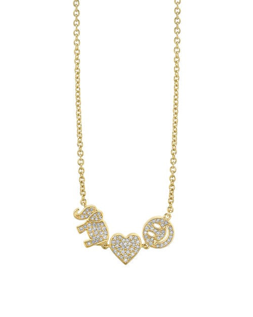 Gold necklace with diamond elephant, heart, and smiley face charms. 