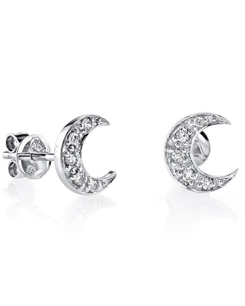 White gold stud earrings with diamond crescent moon design.