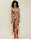 Brunette model wearing Solar Tie Front Maxi Cardigan over bikini.
