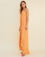 Side view of Aura One Shoulder Chain Maxi Dress.