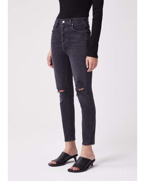 Model wearing Nico High Rise Slim Fit Jeans in Cassette dark grey.