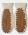 Bottom view of brown suede sole and stitch line for slipper.
