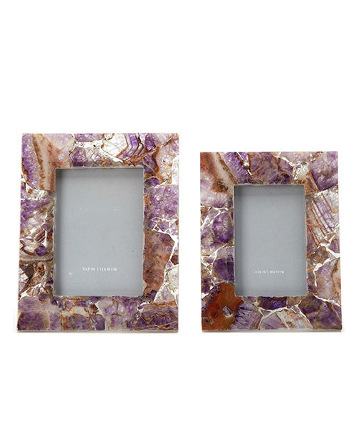 Amethyst photo frames in both small and large in front of white background. 