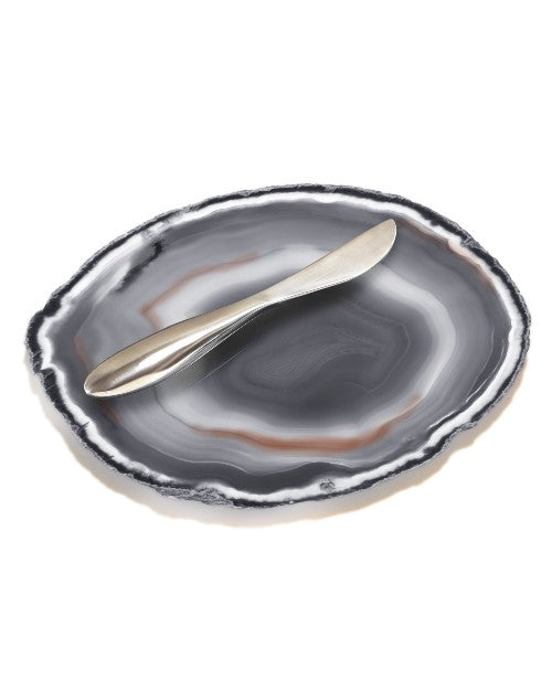 Ita Cheese Plate in smoke agate with Forma Silver Spreader. 