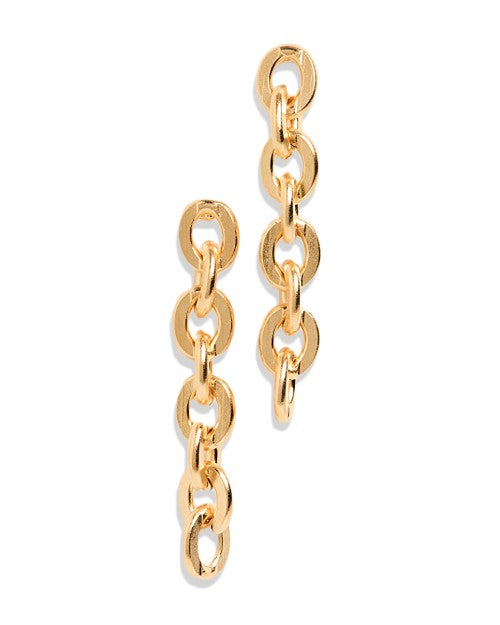 Gold link earrings in front of white background. 