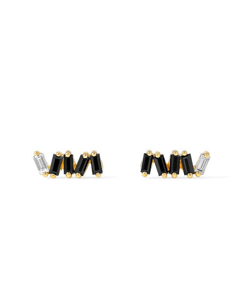 Zigzag stud earrings with black sapphires, white diamonds, and gold accents. 