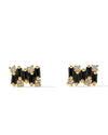 Stud earrings with black sapphires, white diamonds, and gold accents.