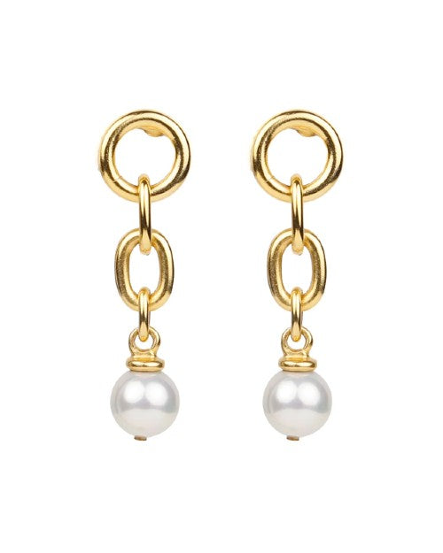Gold drop link earrings with pearl globes at the bottom.