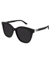 Balenciaga Everyday Woman Sunglasses in black in front of white background. 