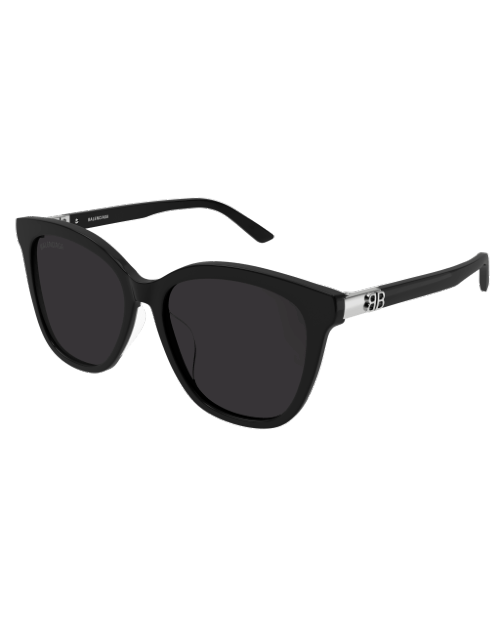 Balenciaga Everyday Woman Sunglasses in black in front of white background. 
