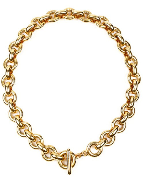 Gold link chain necklace with front clasp closure.