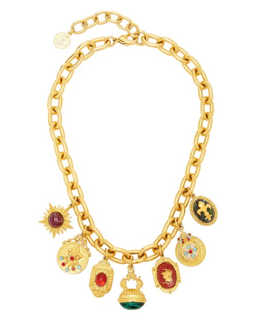 Gold chain necklace with various charms.