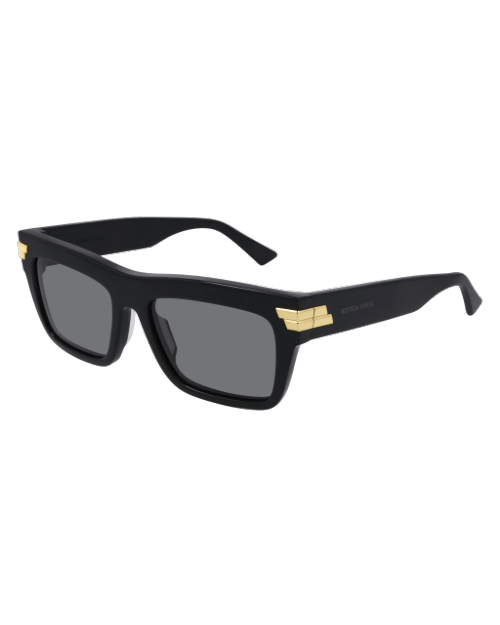 Bottega Veneta Unapologetic Unisex Sunglasses in black in front of white background.
