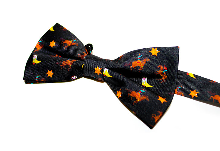 Black bow tie with colorful rodeo print.