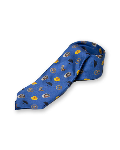 Blue silk tie with rodeo print in front of white background.