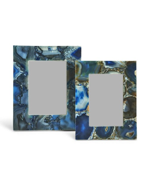 2 blue agate photo frames in front of white background. 