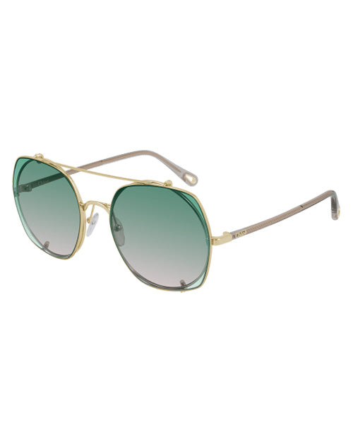 Gold metal front frame sunglasses with beige temple and light green lenses.