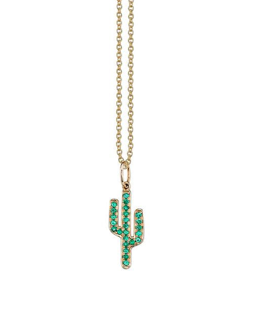 Gold necklace with gold and emerald cactus charm. 