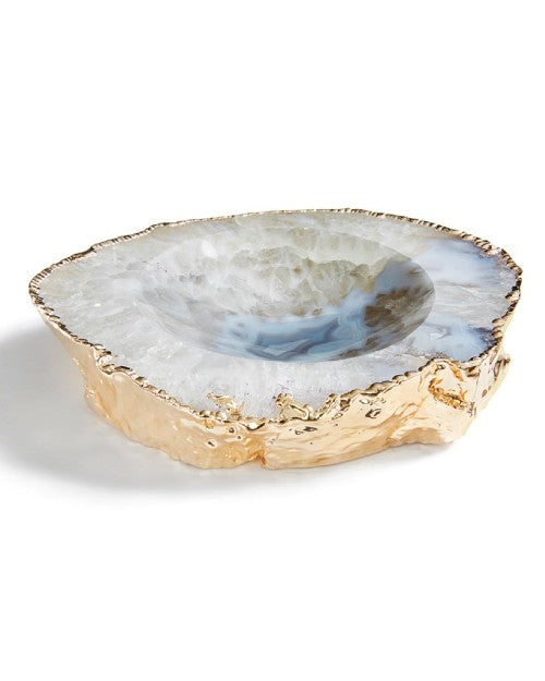 Casca Bowl in nautral agate and 24K gold in front of white background. 