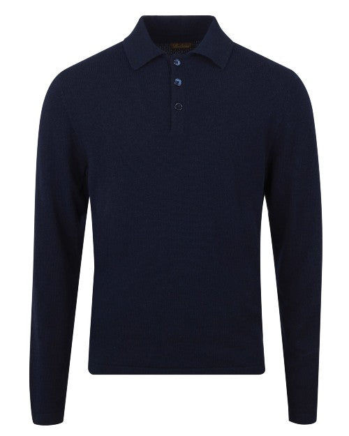 A full shot of a navy long sleeve button-up polo shirt in front of white background. 