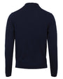 A full backside shot of a navy long sleeve button-up polo shirt in front of white background. 