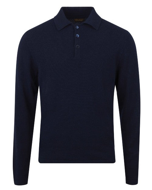Navy long sleeve polo shirt in front of white background. 