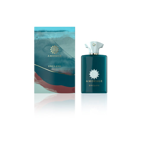 Amouage Enclave fragrance packaging; teal box with light gold branding. 