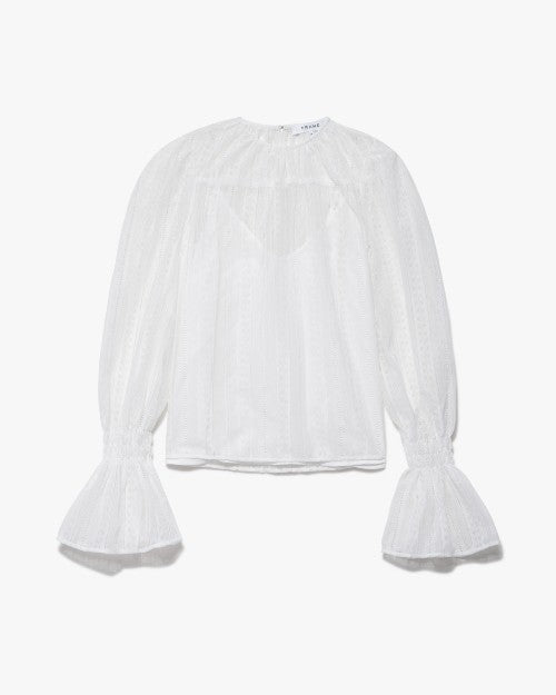 White Shirred Cuff Blouse in front of white background. 