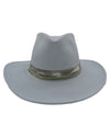 A front view of a wide-brimmed, light blue hat with a handcrafted detail around the base of the crown.