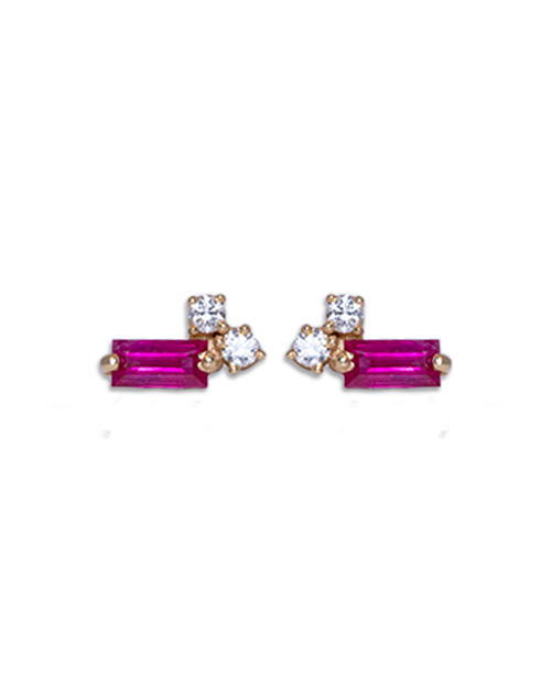 Gold earrings with baguette-cut ruby sapphires and white diamonds framing it. 