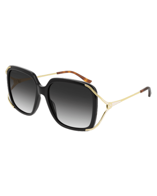 Gucci Logo Woman Sunglasses in black in front of white background. 