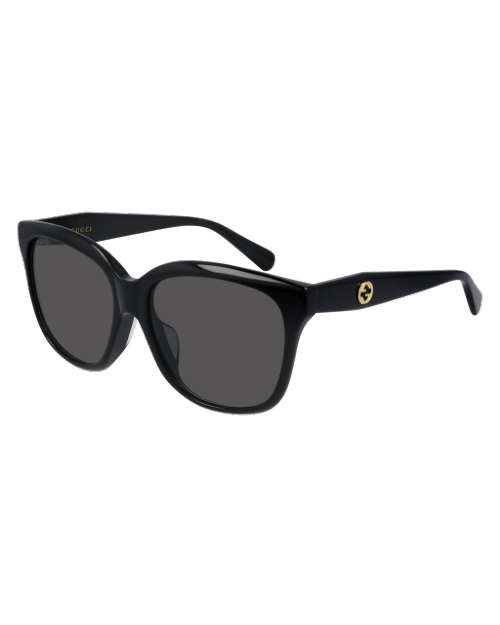Gucci Logo Woman Sunglasses in black in front of white background.