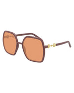 Pink square framed sunglasses with orange lenses. 