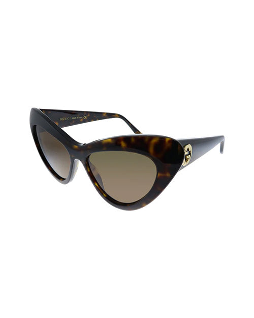 Dark brown leopard print frame sunglasses with thick cat-eye frame and brown lenses.