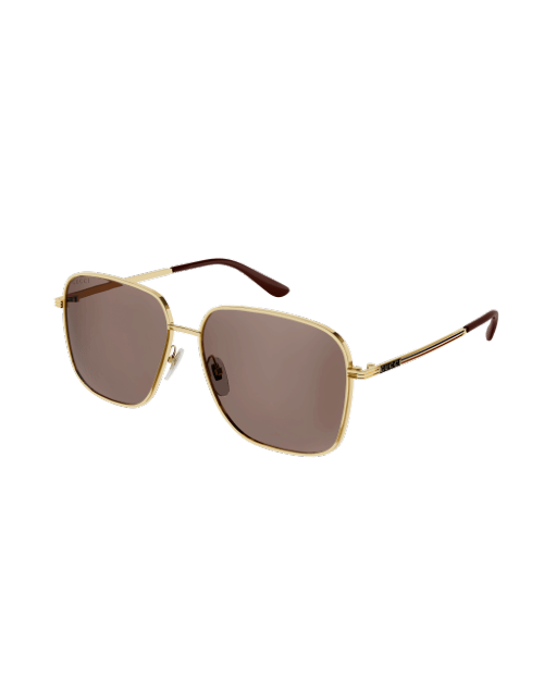 Gold frame sunglasses with brown lenses and temple tips. 