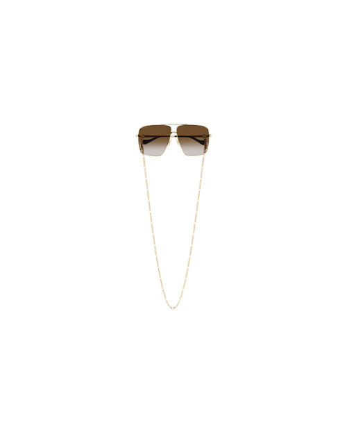 Gucci Chain Woman Sunglasses with entire chain showing in front of white background.