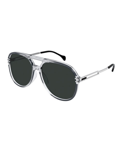 Gucci Logo Man Sunglasses in grey in front of white background. 