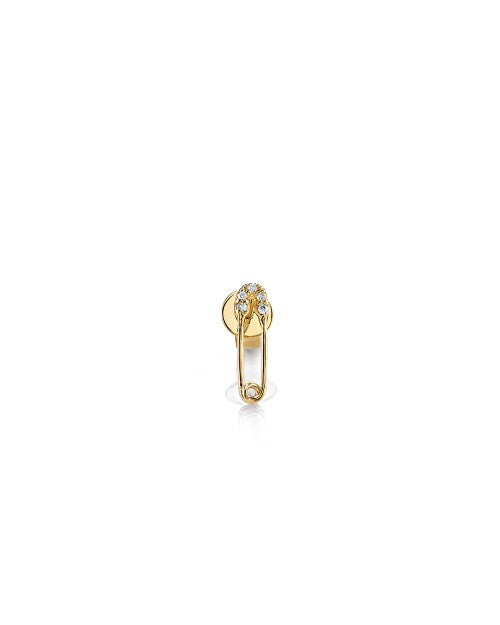 Gold stud earring with gold safety pin that has diamond accents. 
