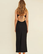 Back view of Halley Front Chain Halter Maxi Dress. 