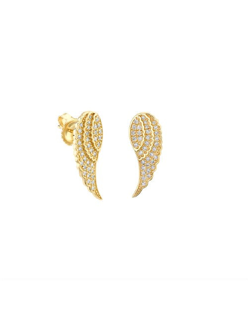 Gold stud earrings with wing design in diamonds. 
